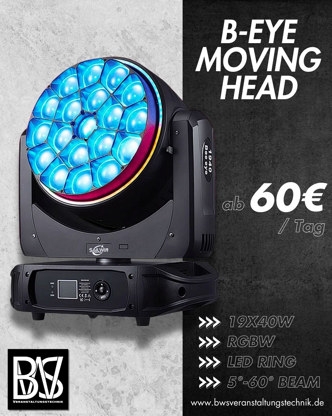 19x40W B-EYE Moving Head - Professioneller LED Moving Head mit Ring-Effekt